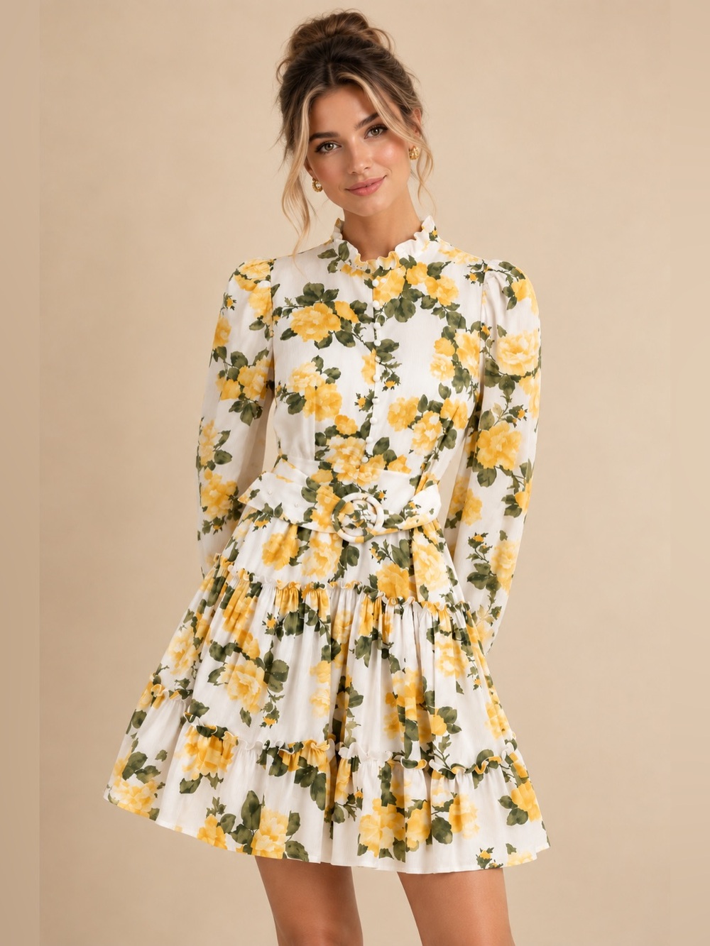 Rachel Parcell Floral Mini Dress High Neck Ruffle Collar Belted Fit & Flare XS